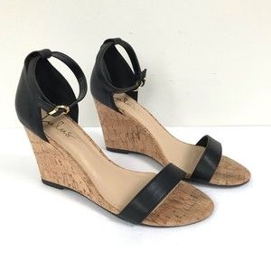 Lulus  Ankle Strap Sandals Wedge Heels Shoes Faux Leather Black Brown Cork 8.5